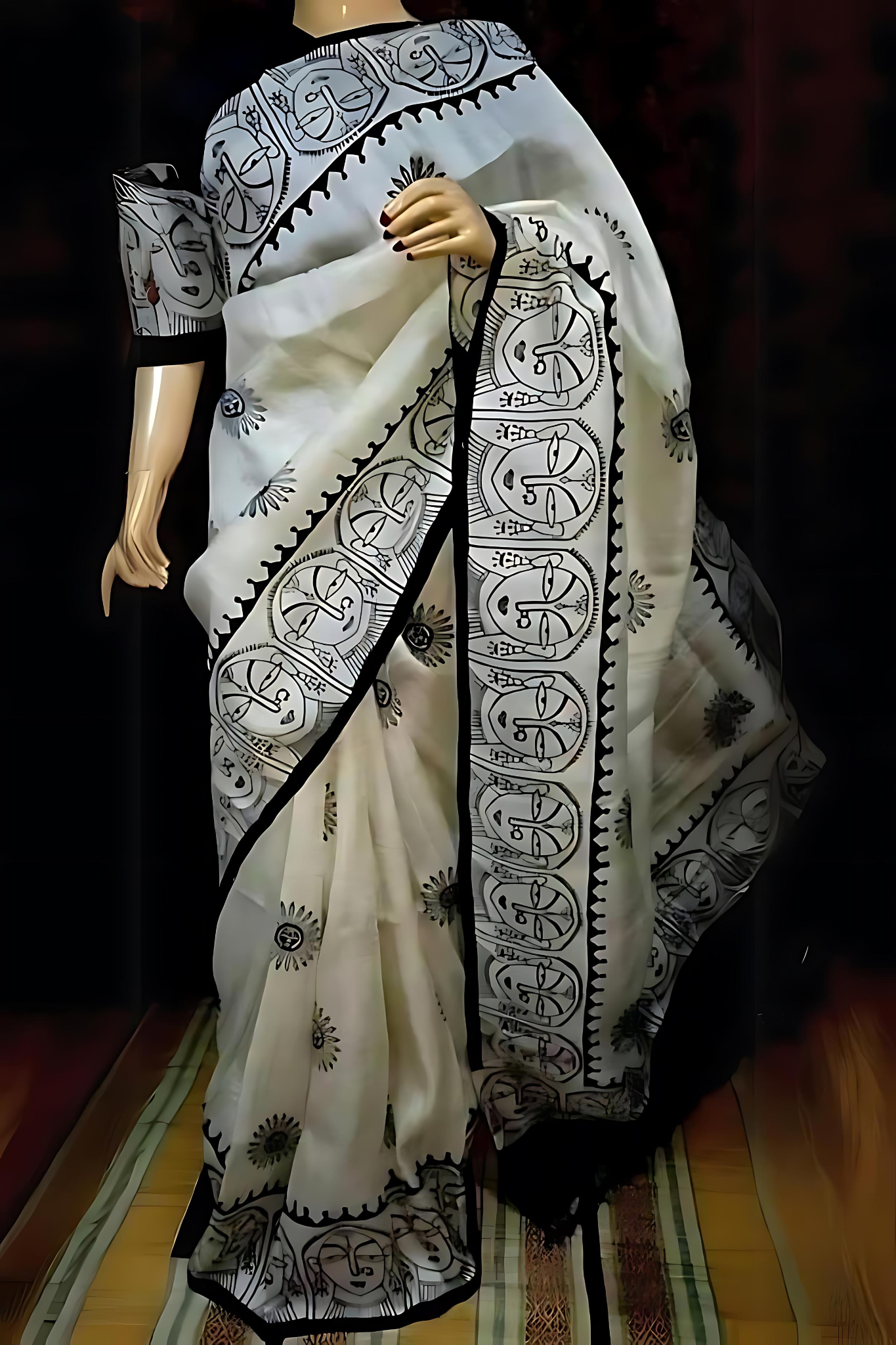Pearl White with Black Pure Bangal Handloom  Saree
