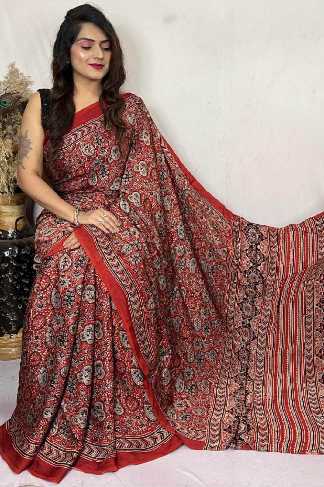 Handblock printed natural dye pure modal Ajarakh Silk Saree