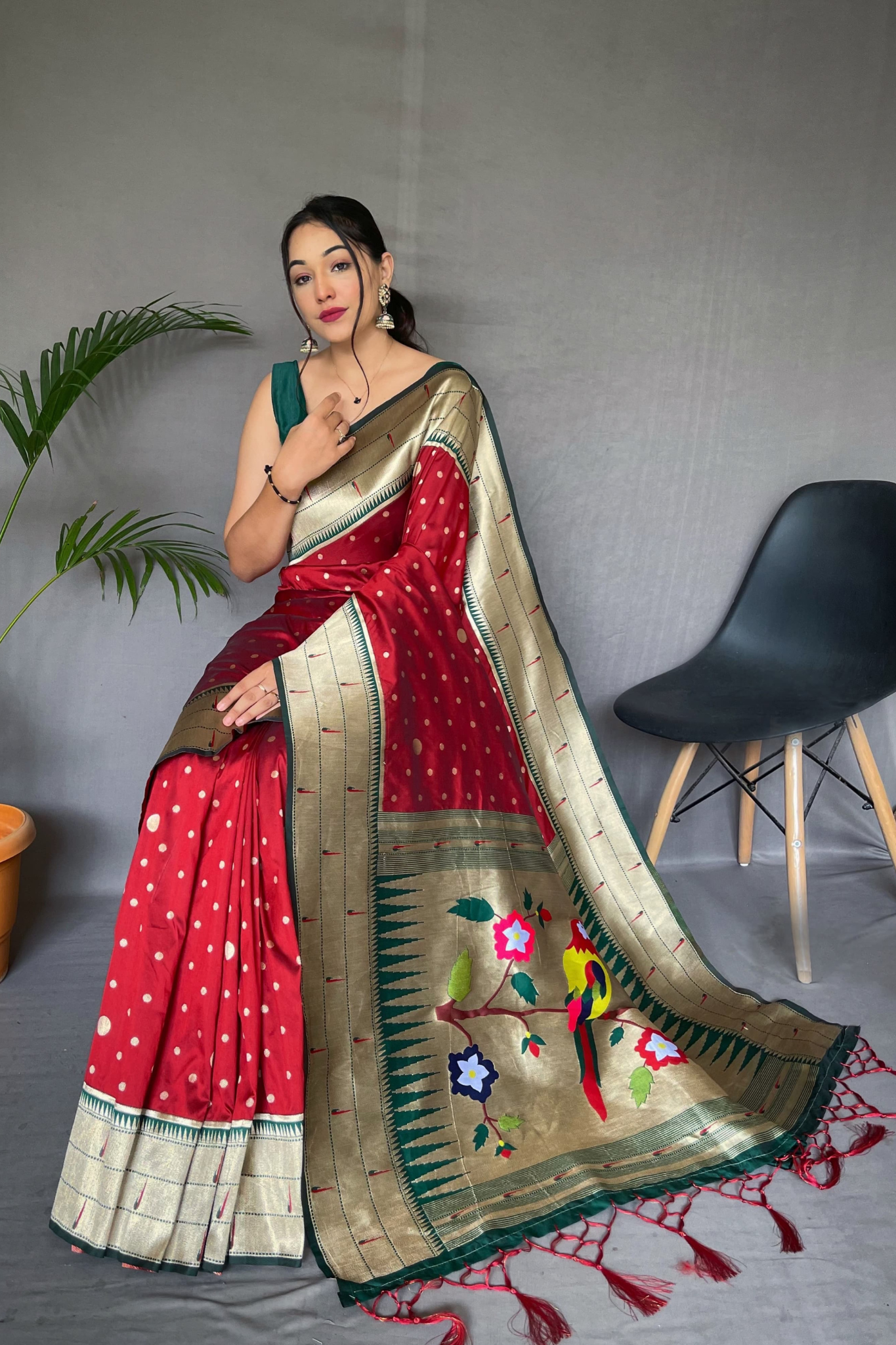 Triple Munia Ruby Red Paithani Saree