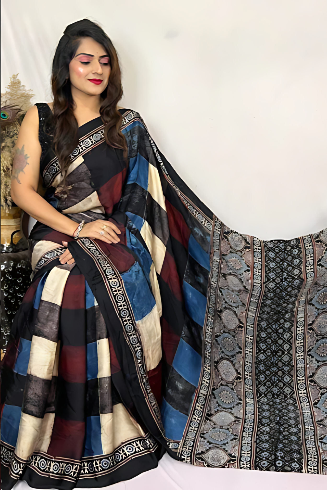 Multicolor Checkered Ajrakh Handblock Printed Pure Modal Silk Saree