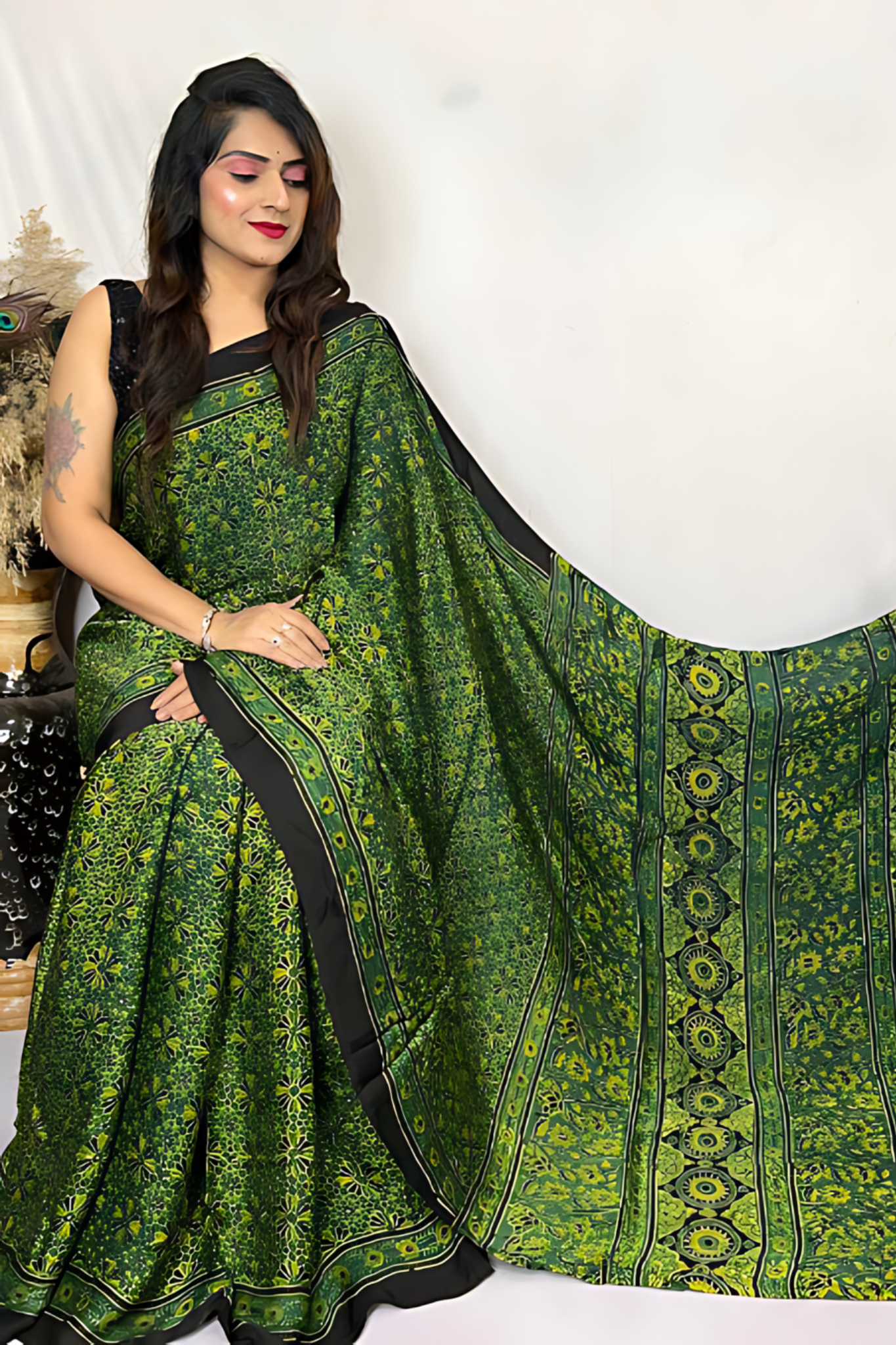 Elegant Green Ajrakh Handblock Printed Modal Silk Saree