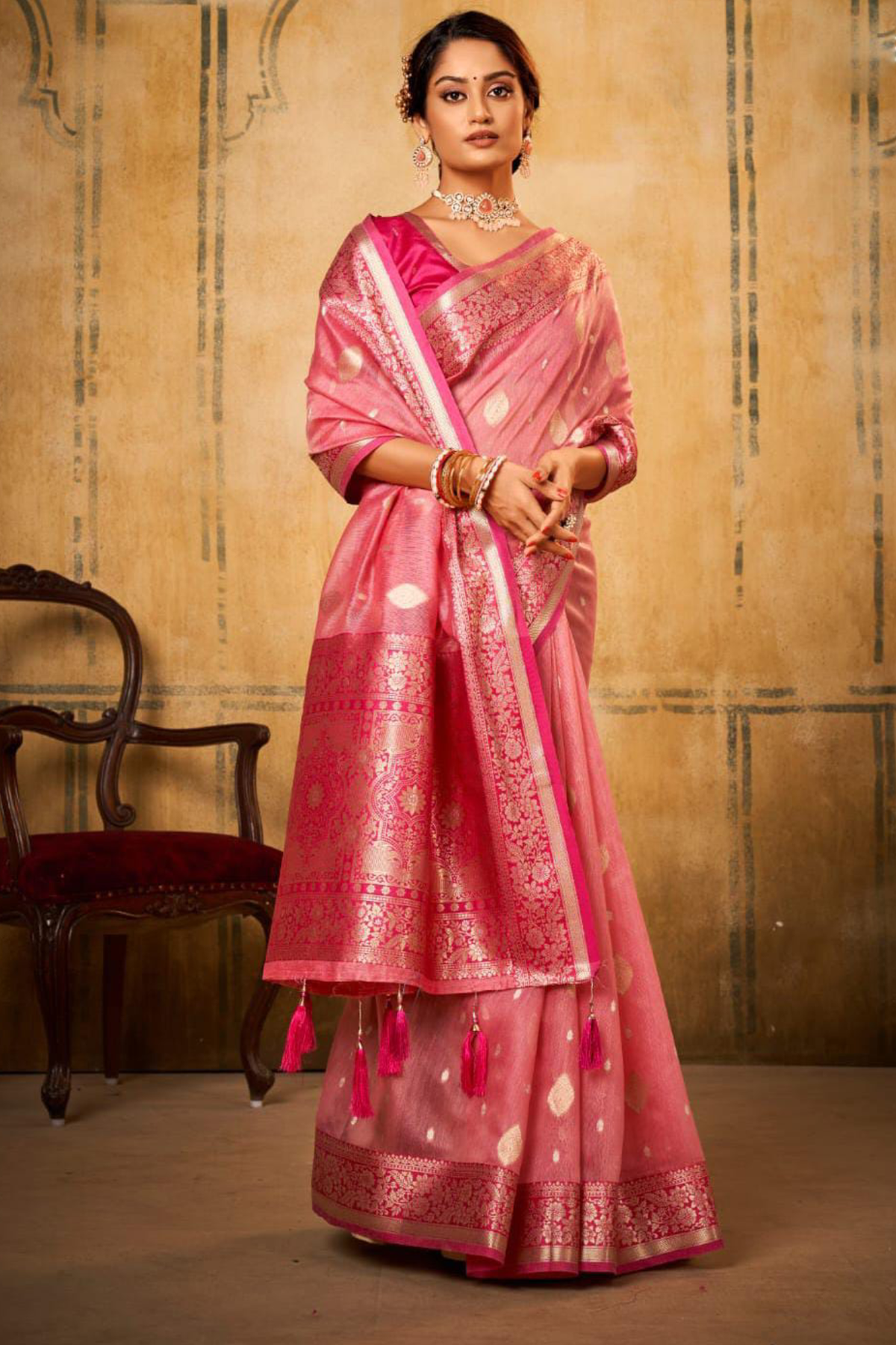 Gorgeous Pink Pure Tissue Banarasi Silk Sarees With Blouse And Grand Pallu