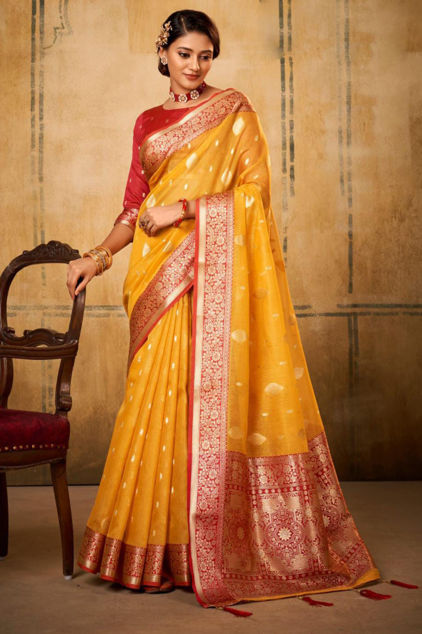 Haldi Yellow Pure Tissue Banarasi Silk Sarees With Blouse And Grand Pallu