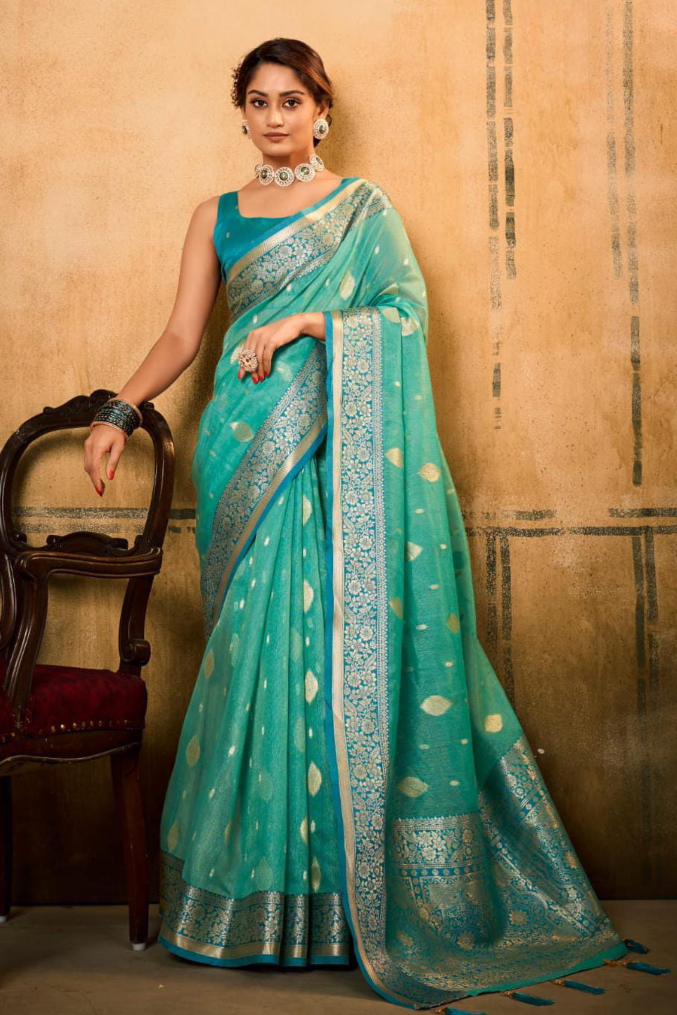 Turquoise Blue Pure Tissue Banarasi Silk Sarees With Blouse And Grand Pallu