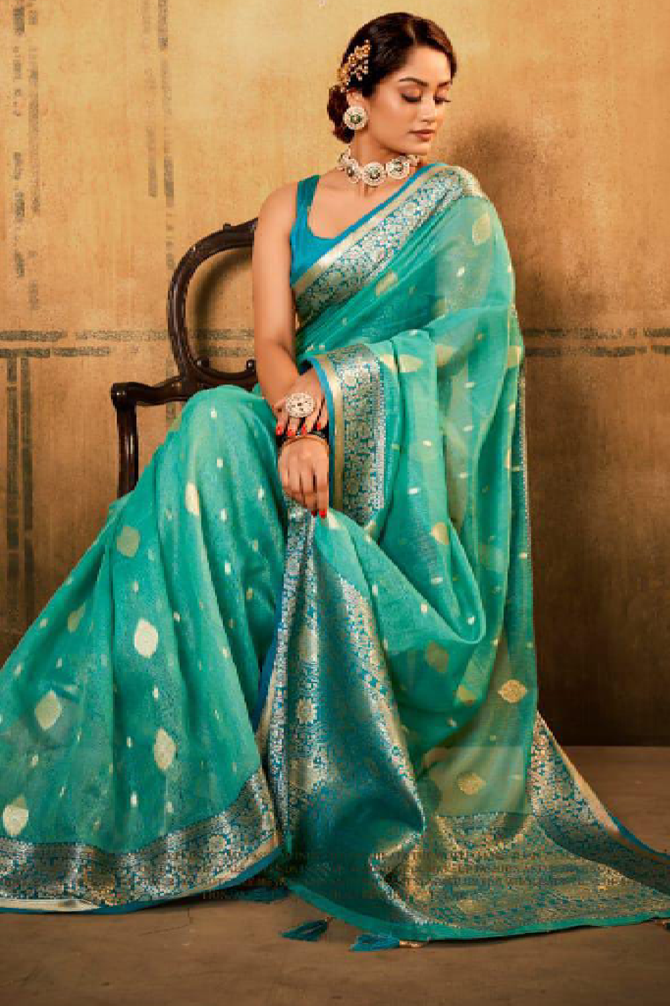 Turquoise Blue Pure Tissue Banarasi Silk Sarees With Blouse And Grand Pallu