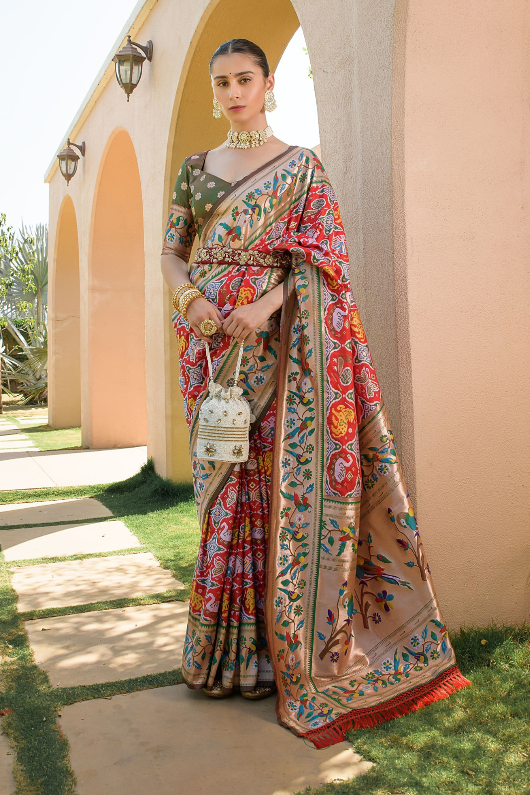 Silk Patola Saree in Fiery Red