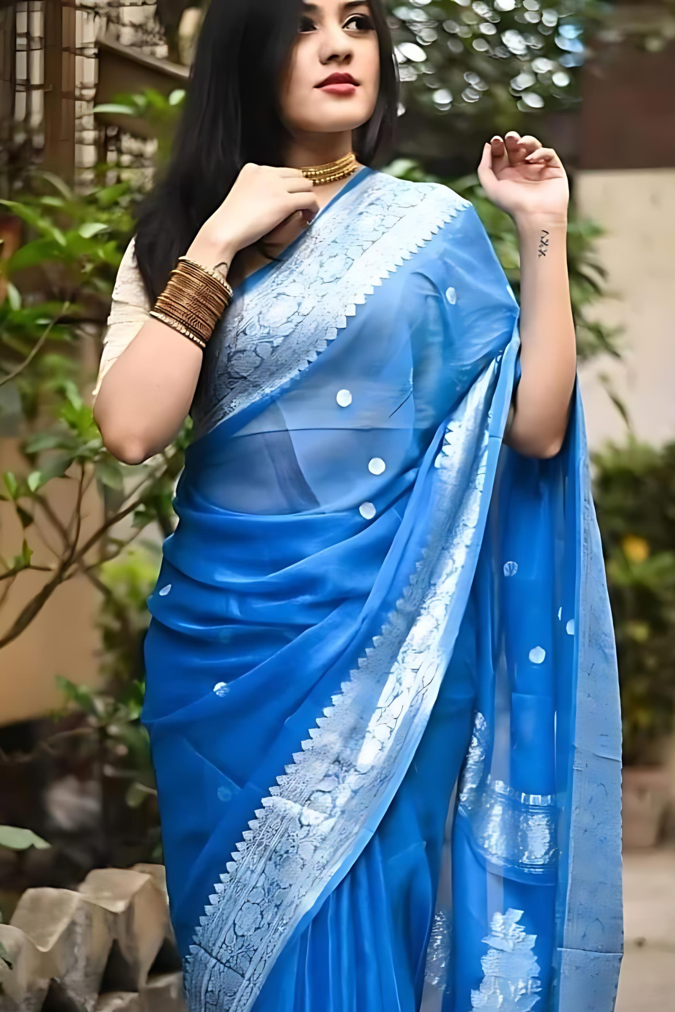 Dark Sky Blue Banarasi Khaddi Georgette Saree With Blouse