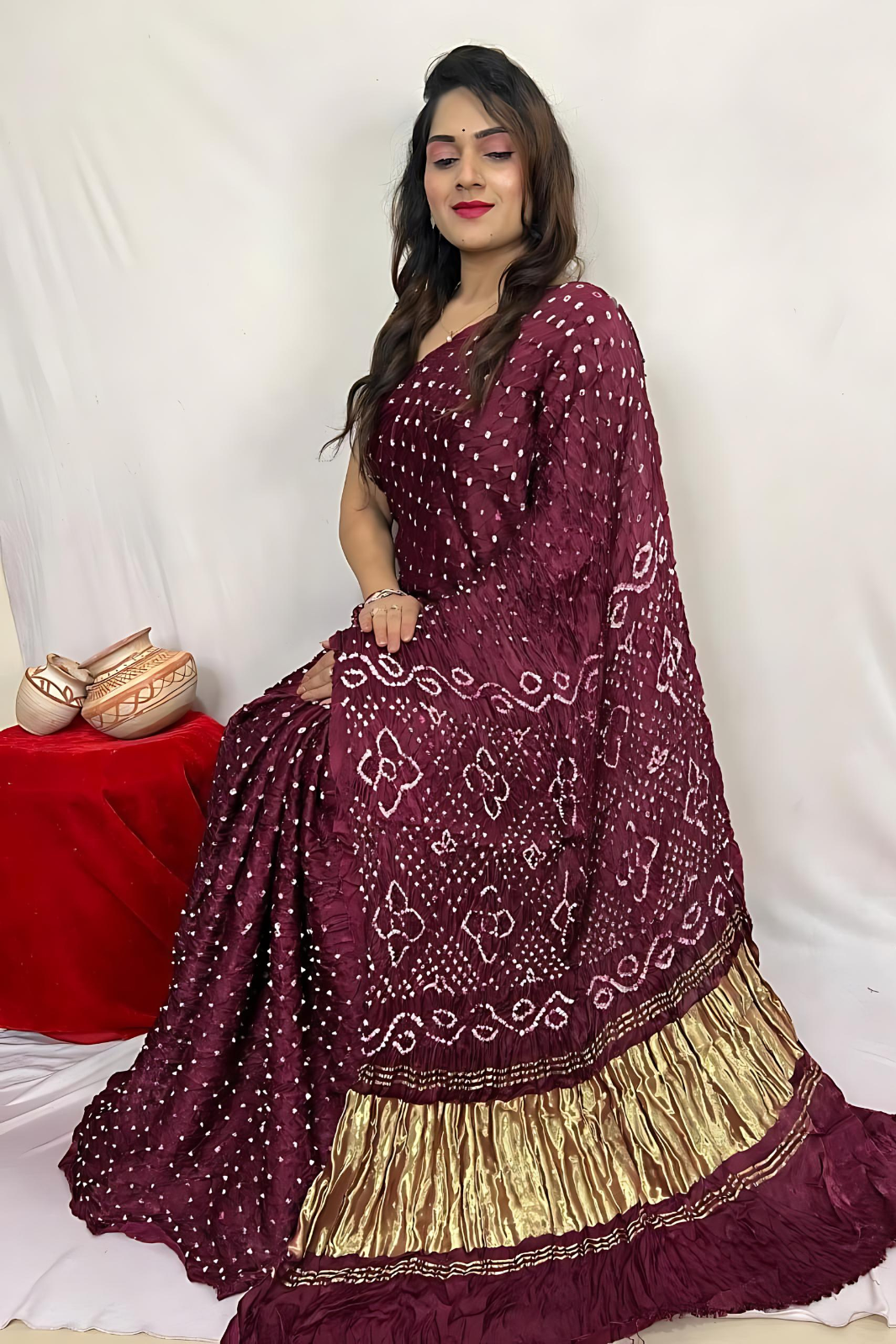 Wine Bandhani Modal Silk Saree