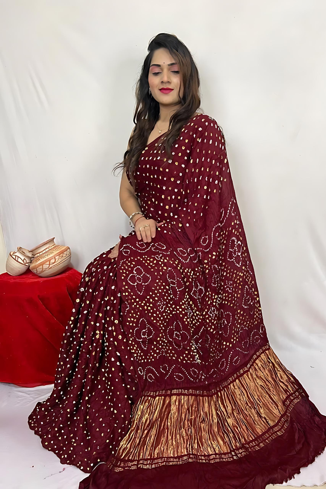 Mehroon  Bandhani Modal Silk Saree