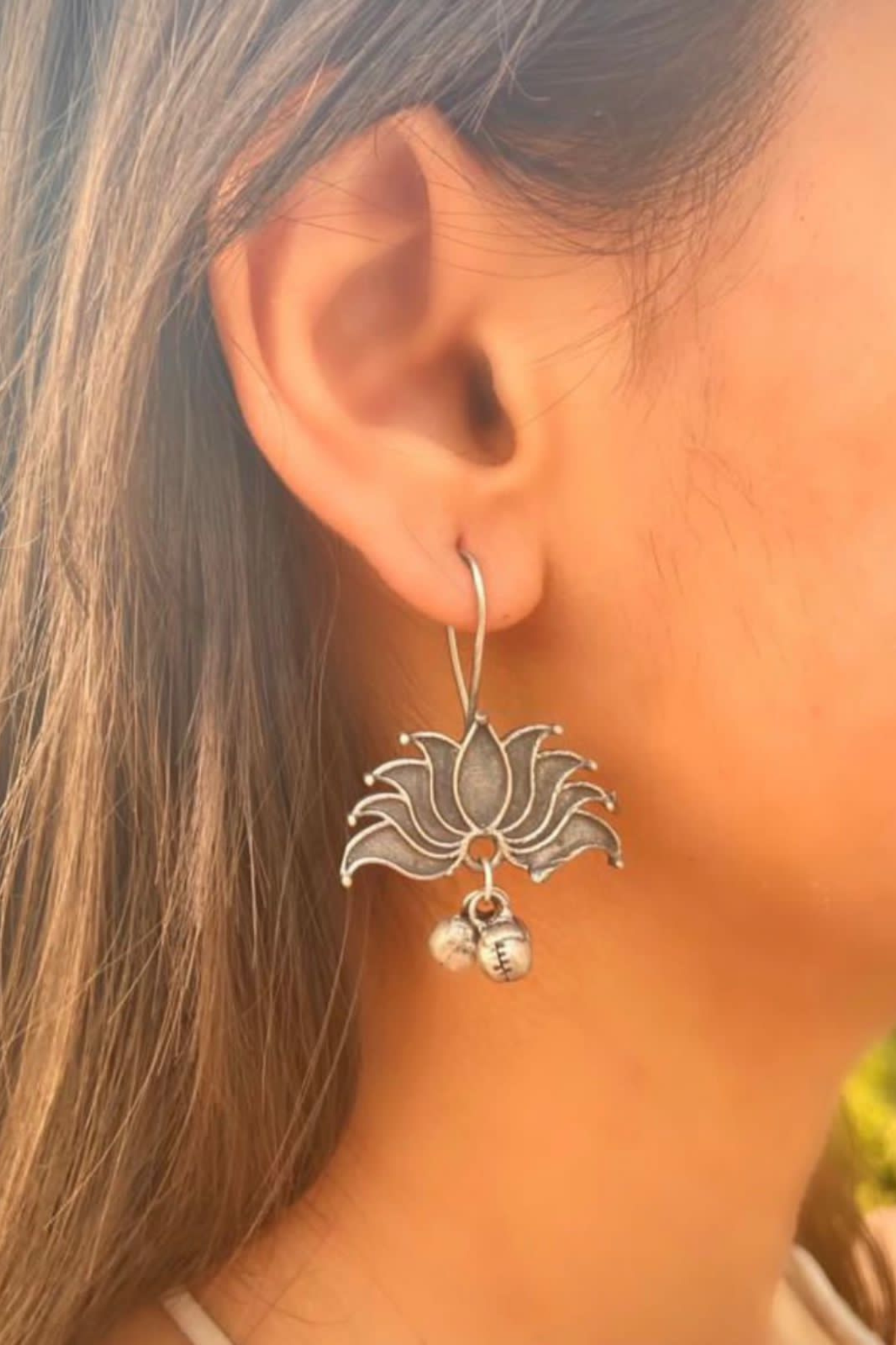 Antique  Finish German Silver Lotus Earrings
