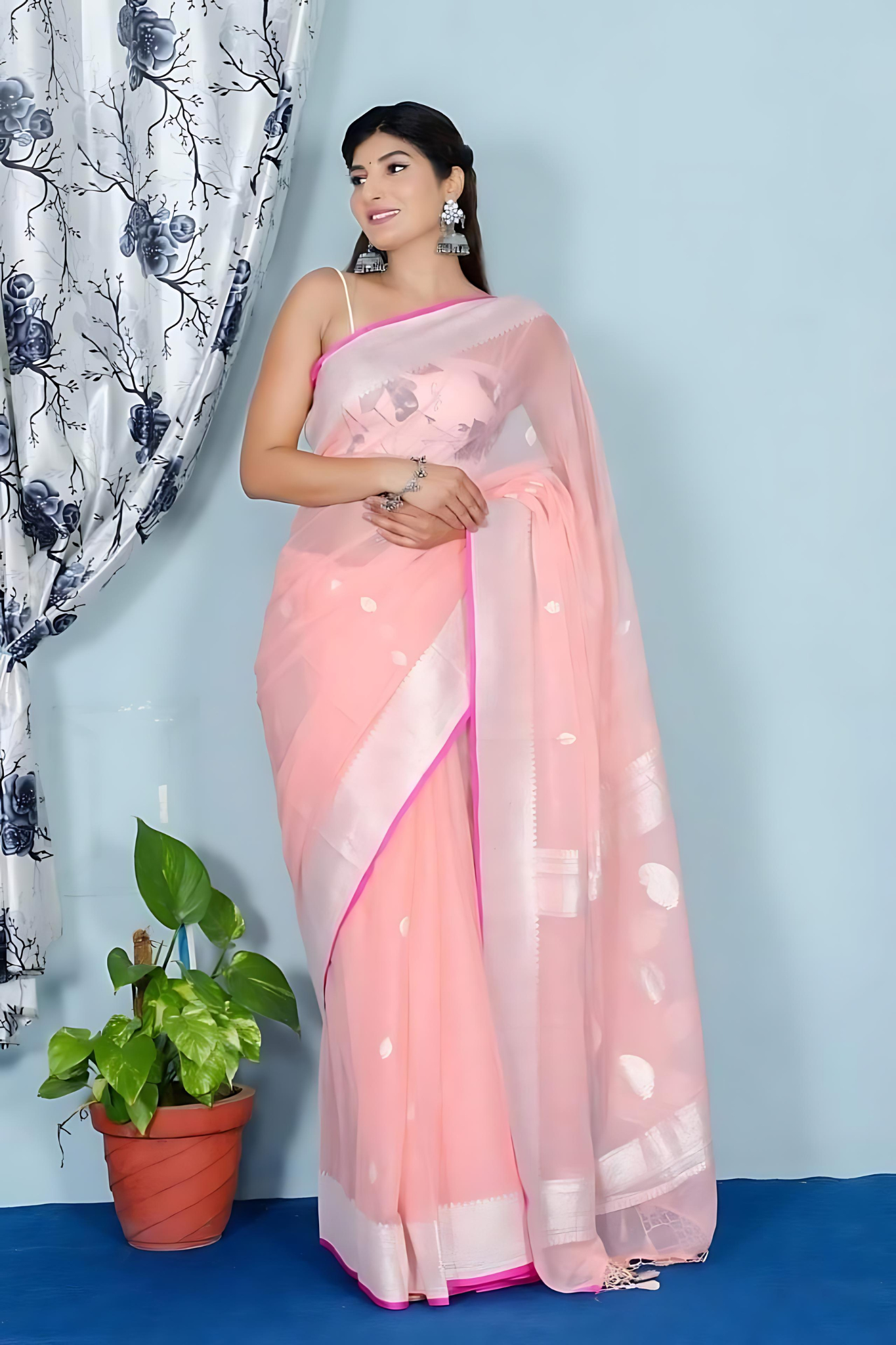 Baby Pink Banarasi Khaddi Georgette Saree With Blouse
