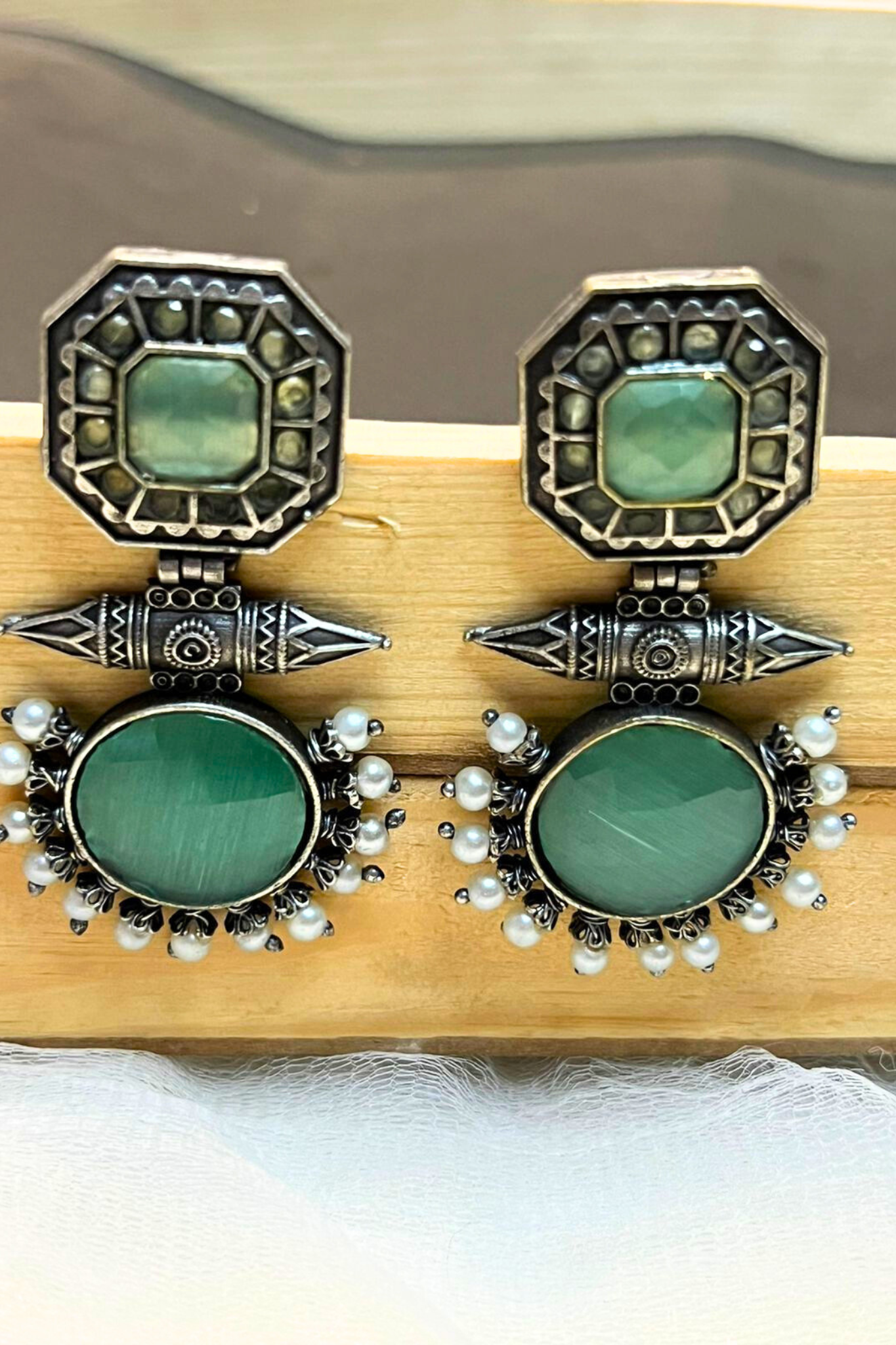 Handcrafted Green Stone Studs with Silver Look & Pearl Accents