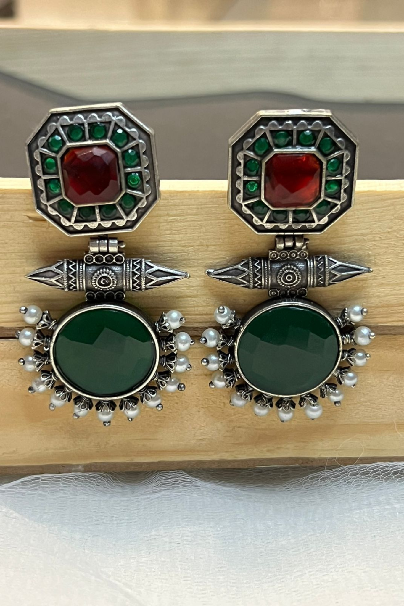 Original Stone Silver-look StudsOriginal Stone Silver-Look Stud Earrings – Red & Green with Pearl Detailing