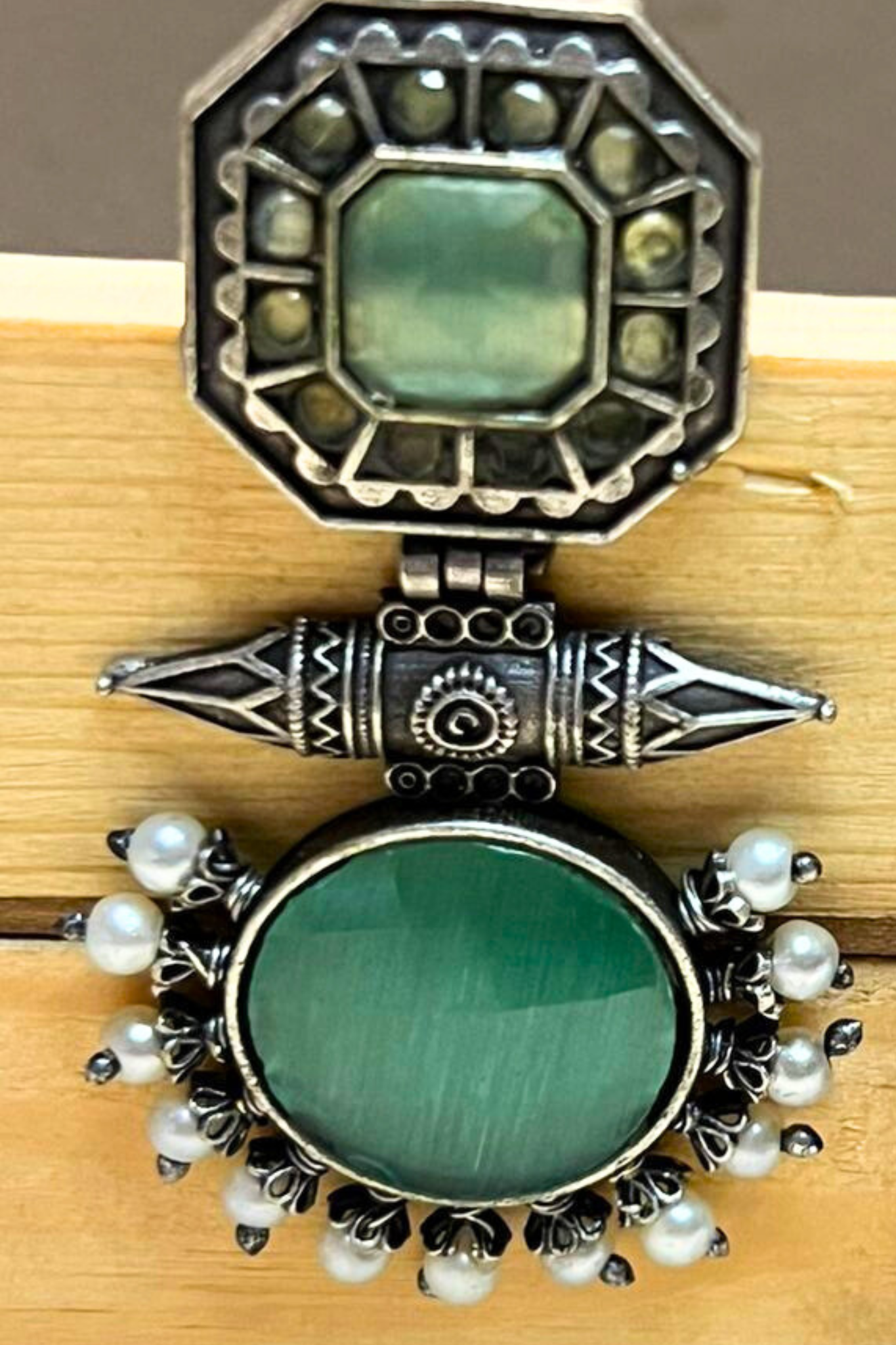 Handcrafted Green Stone Studs with Silver Look & Pearl Accents