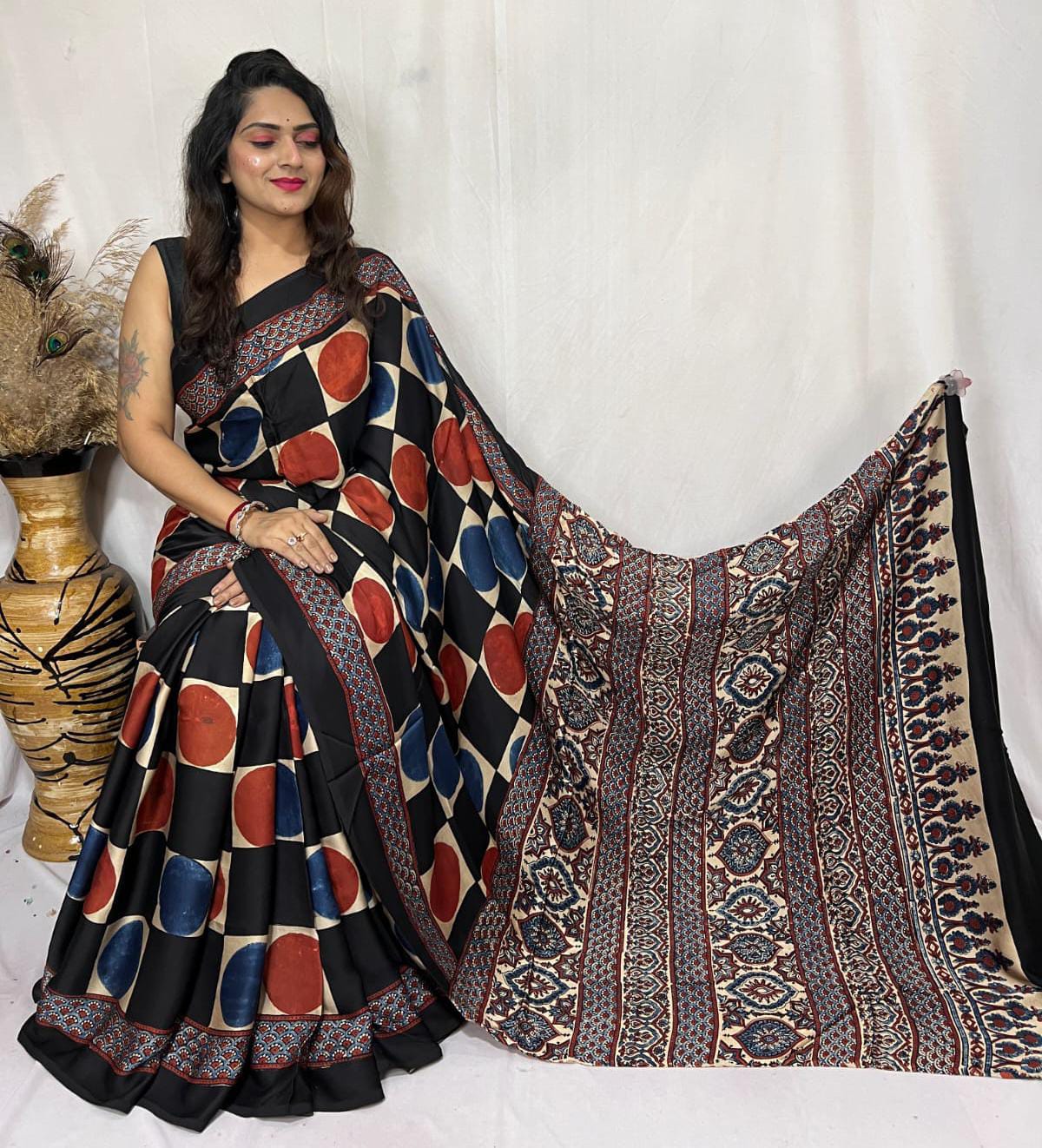 PURE MODAL HANDBLOCK PRINTED NATURAL DYE AJARAKH SILK SAREES WITH BLOUSE 🌹
