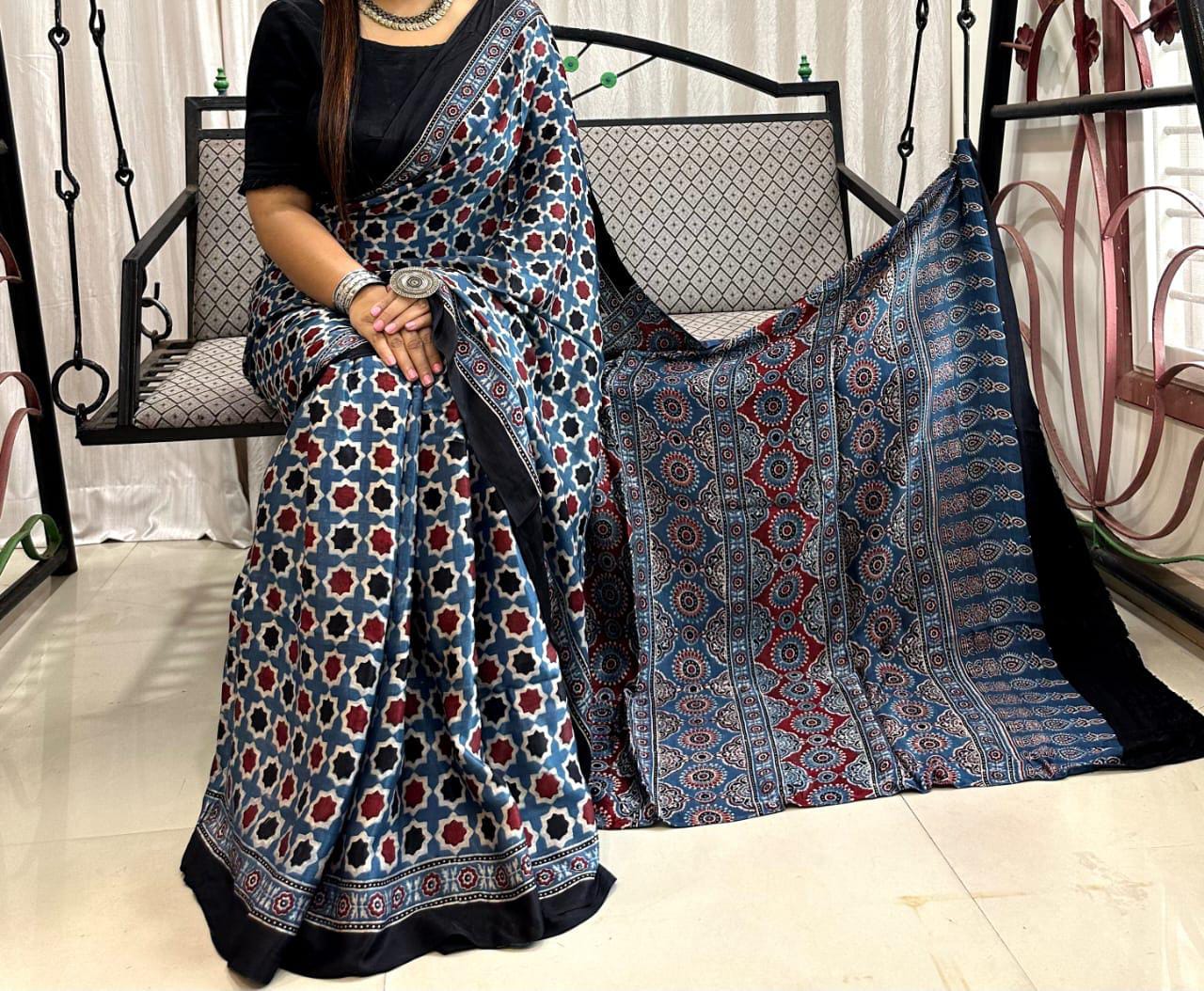 PURE MODAL HANDBLOCK PRINTED NATURAL DYE AJARAKH SILK SAREES WITH BLOUSE 🌹