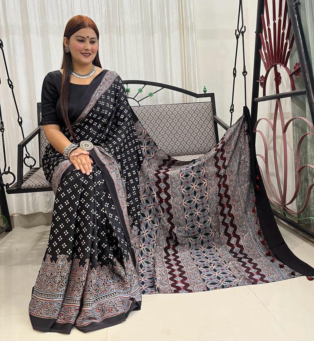 PURE MODAL HANDBLOCK PRINTED NATURAL DYE AJARAKH SILK SAREES WITH BLOUSE 🌹