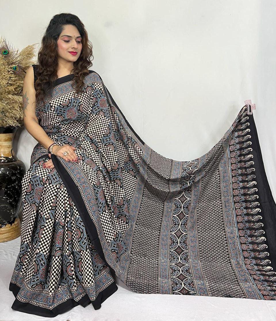 PURE MODAL HANDBLOCK PRINTED NATURAL DYE AJARAKH SILK SAREES WITH BLOUSE 🌹