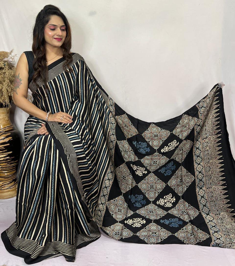 PURE MODAL HANDBLOCK PRINTED NATURAL DYE AJARAKH SILK SAREES WITH BLOUSE 🌹