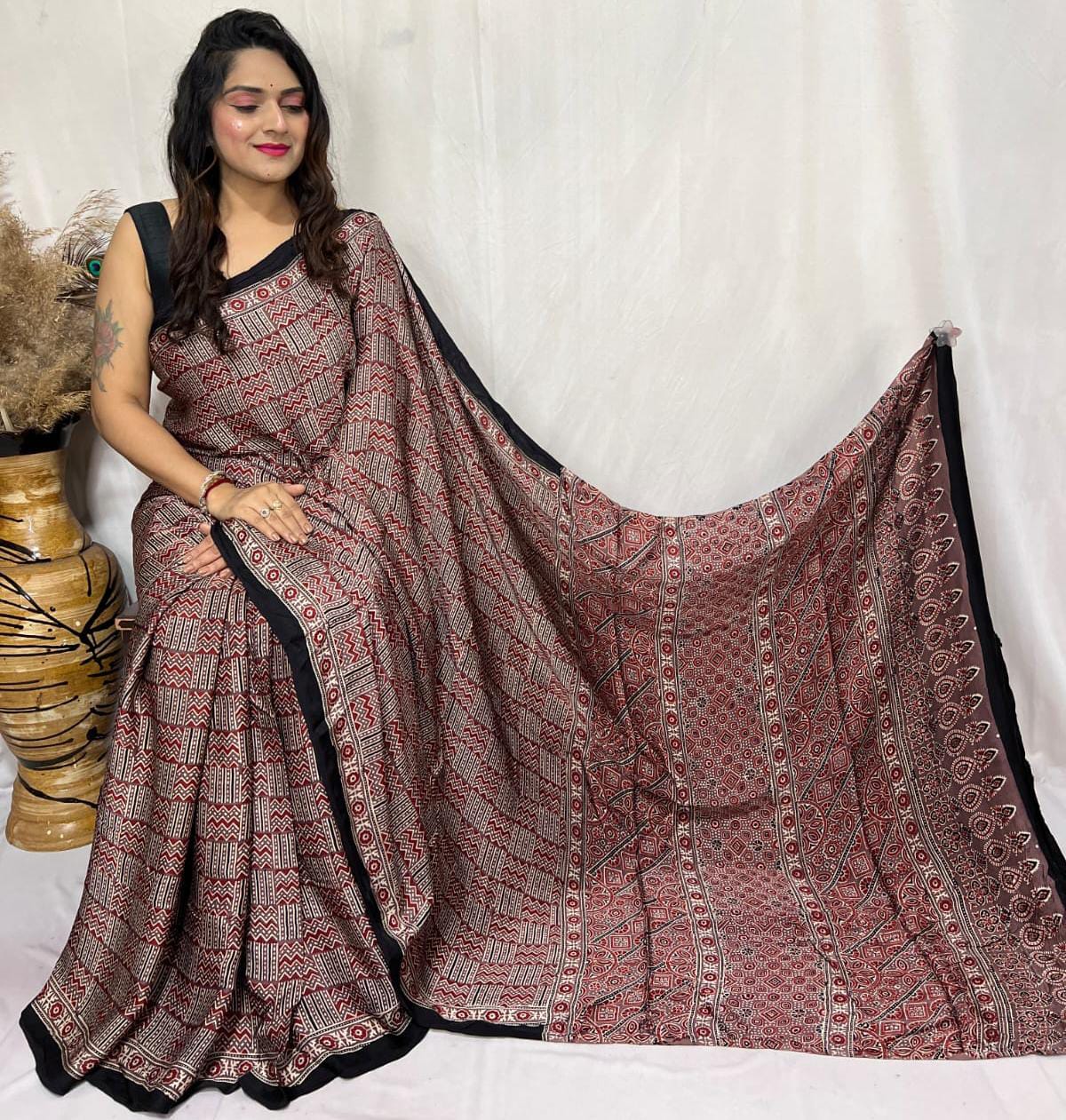 PURE MODAL HANDBLOCK PRINTED NATURAL DYE AJARAKH SILK SAREES WITH BLOUSE 🌹