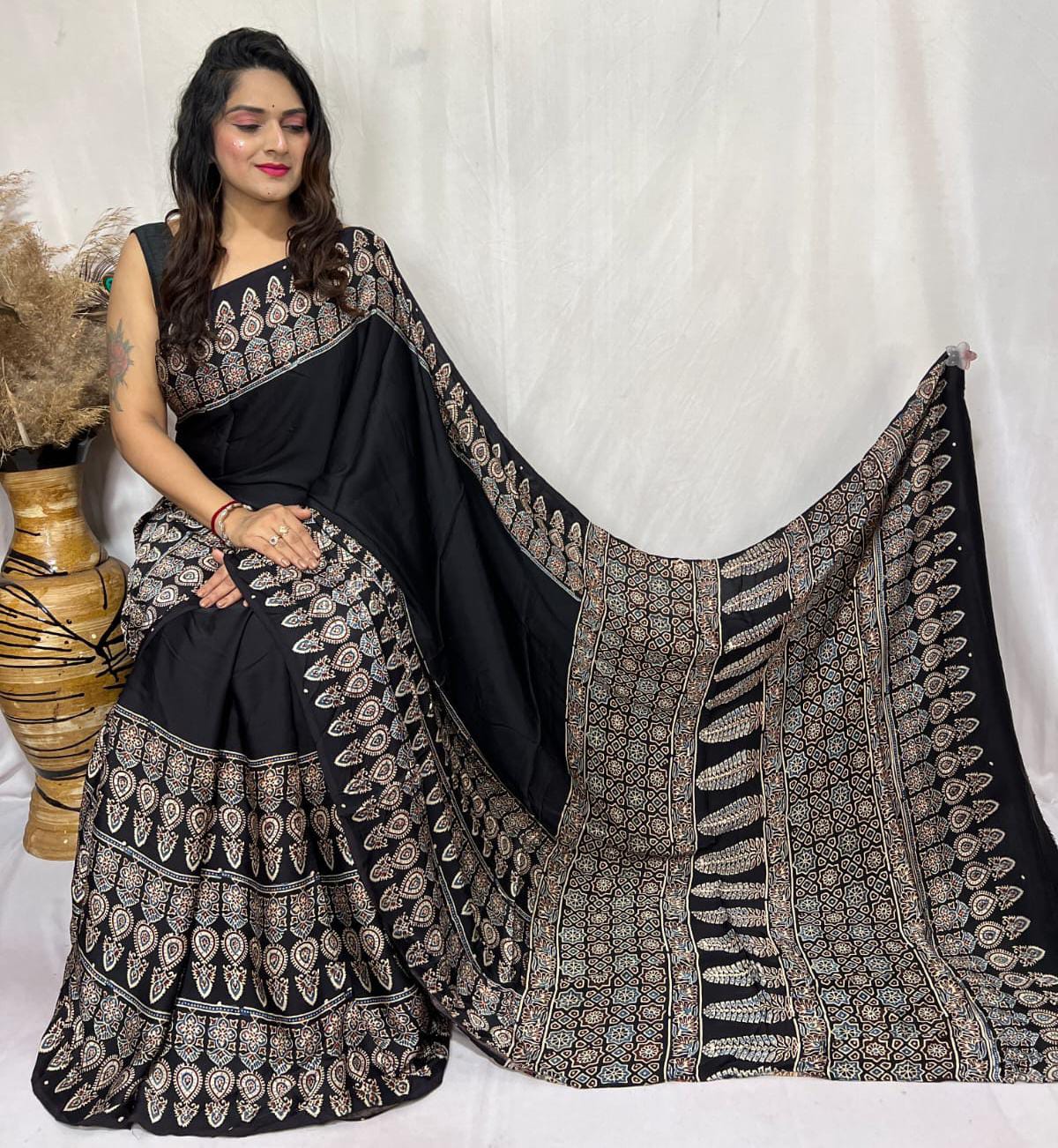 PURE MODAL HANDBLOCK PRINTED NATURAL DYE AJARAKH SILK SAREES WITH BLOUSE 🌹