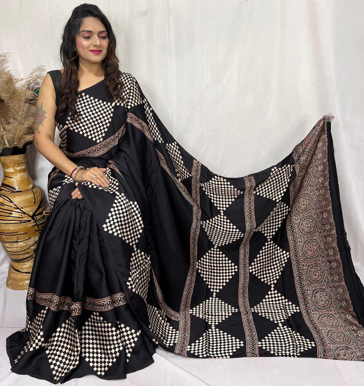 PURE MODAL HANDBLOCK PRINTED NATURAL DYE AJARAKH SILK SAREES WITH BLOUSE 🌹