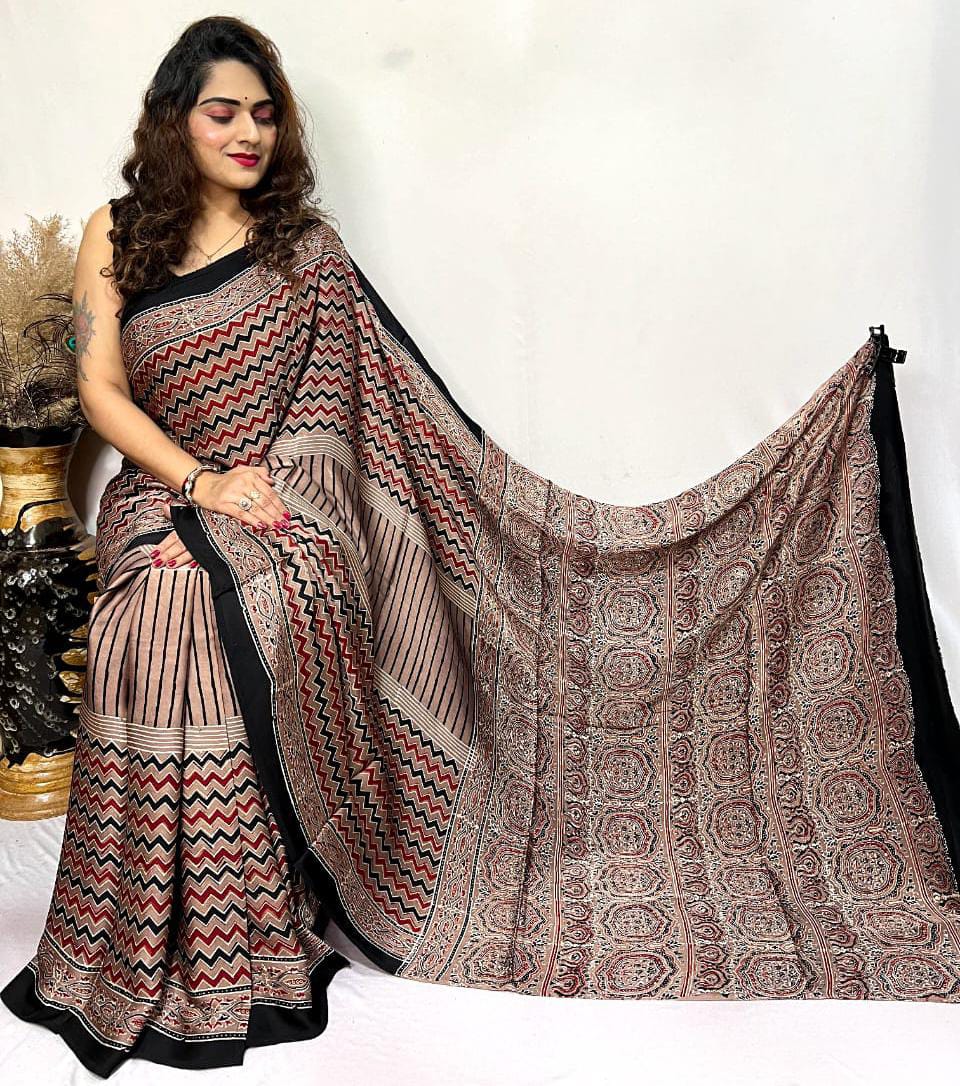 PURE MODAL HANDBLOCK PRINTED NATURAL DYE AJARAKH SILK SAREES WITH BLOUSE 🌹