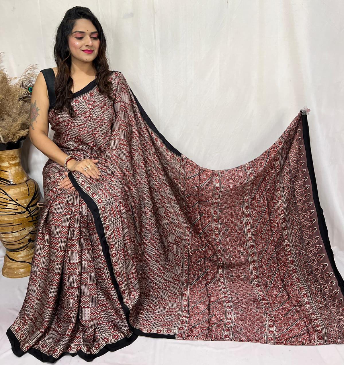 PURE MODAL HANDBLOCK PRINTED NATURAL DYE AJARAKH SILK SAREES WITH BLOUSE 🌹