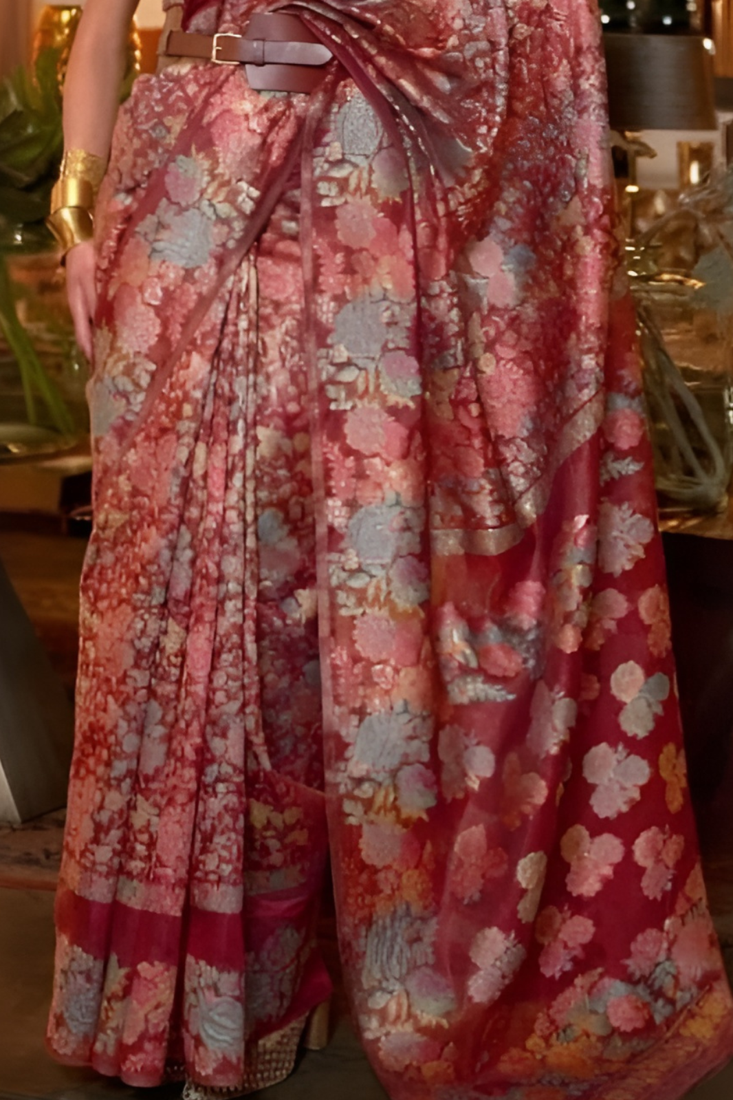 Pure Saffron Tissue Silk Saree With Blouse