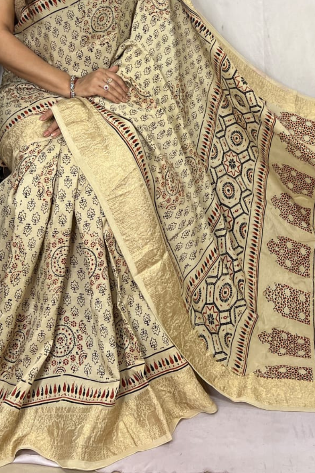 Cream Handblock Printed Natural Dye Pure Modal Ajarakh Silk Saree