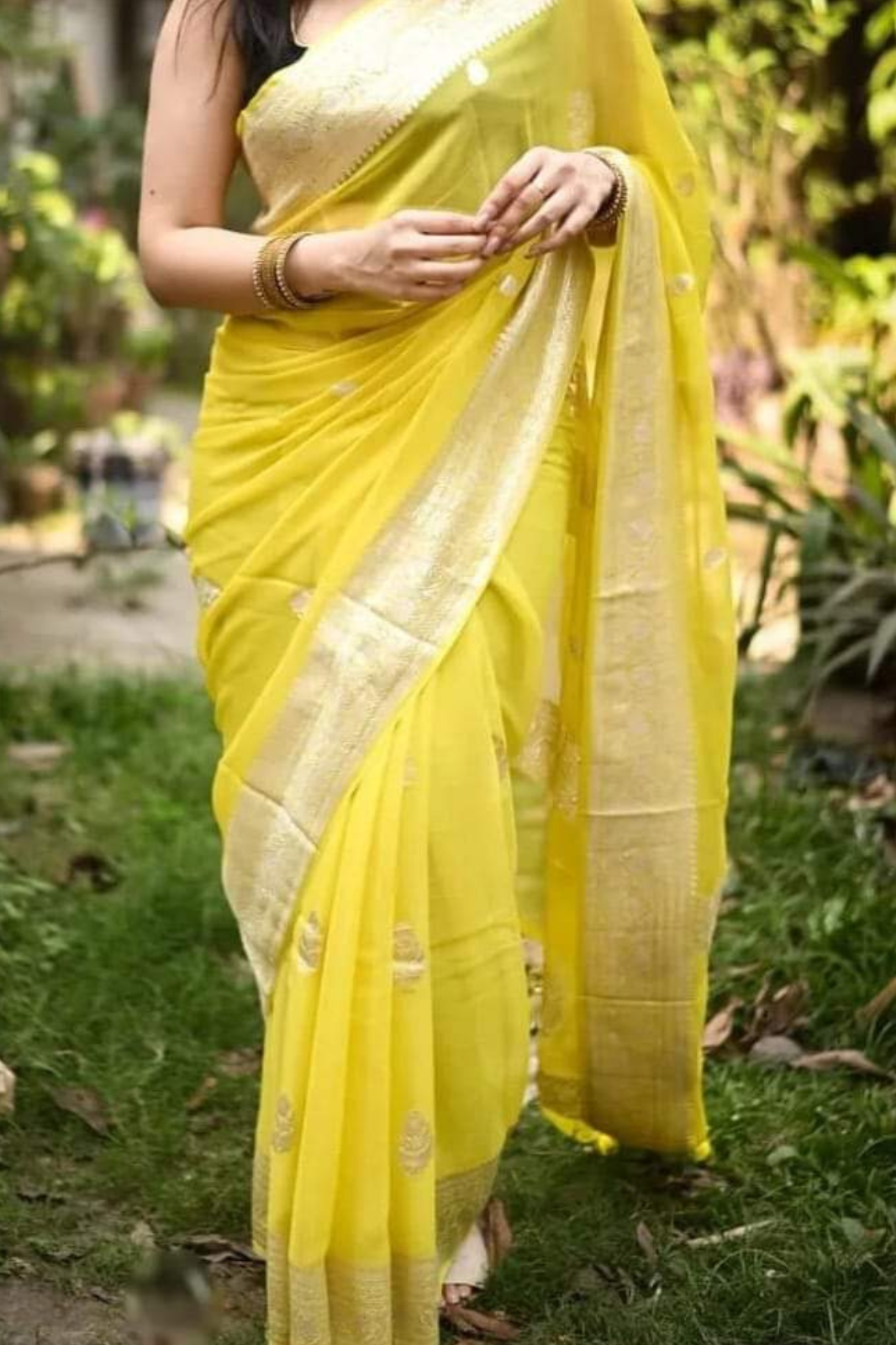 Sunshine Yellow Banarasi Khaddi Georgette Saree With Blouse