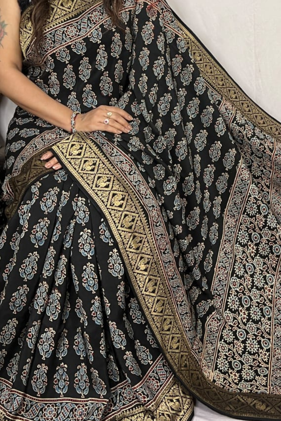 Black Handblock Printed Natural Dye Pure Modal Ajarakh Silk Saree