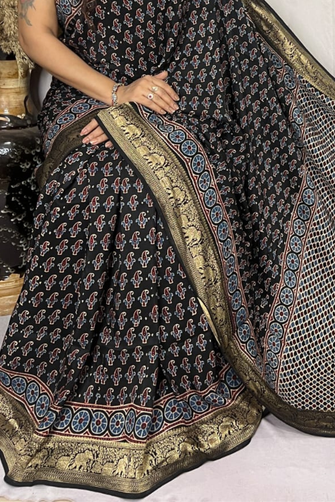 Black Handblock Printed Pure Modal Ajarakh Silk Saree with Natural Dyes