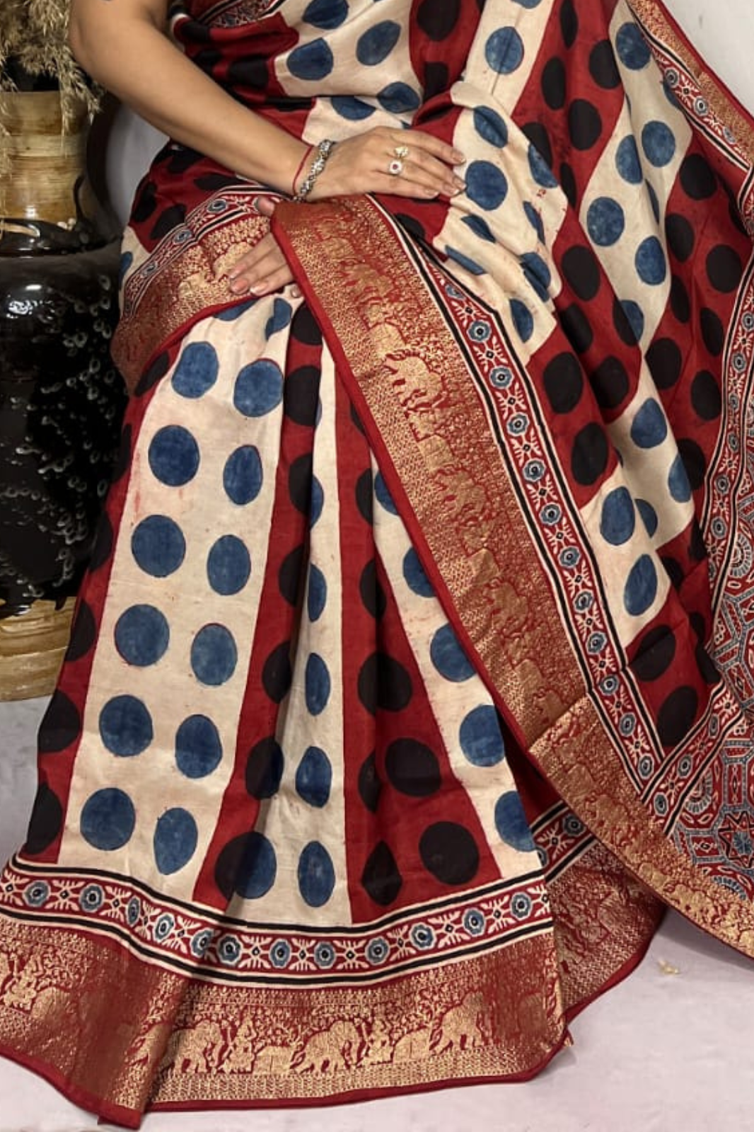 Cream and Red Handblock Printed Pure Modal Ajarakh Silk Saree