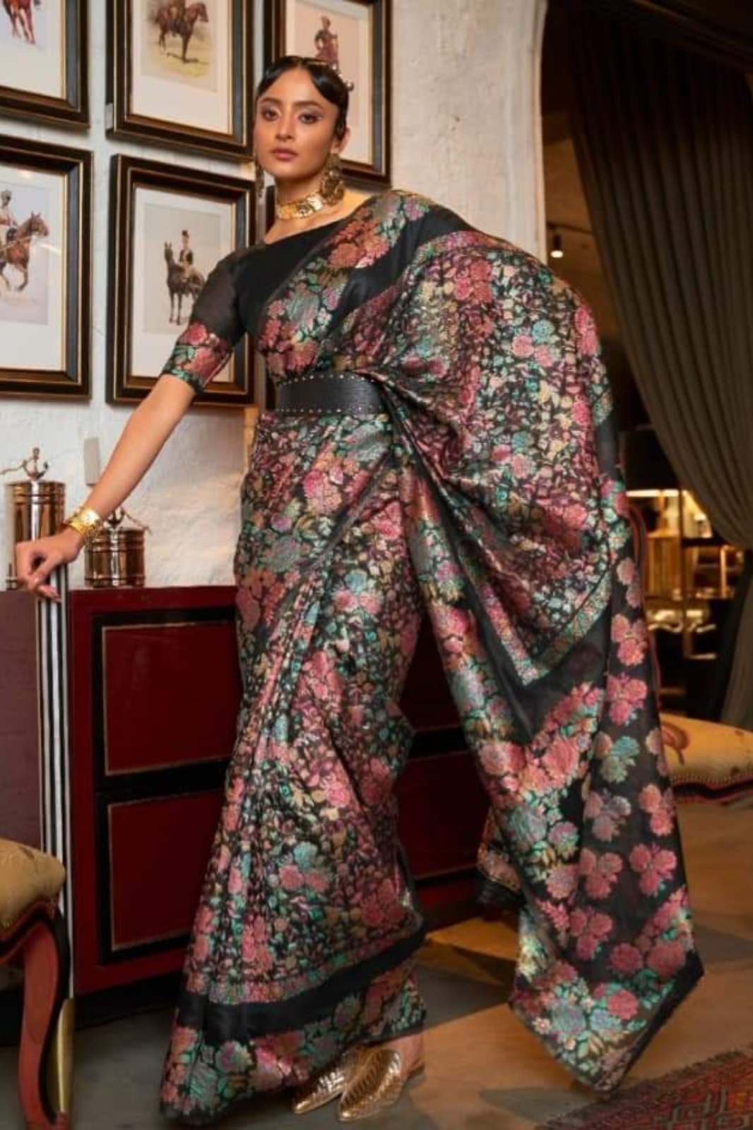 Pure Black Tissue Silk Saree With Blouse