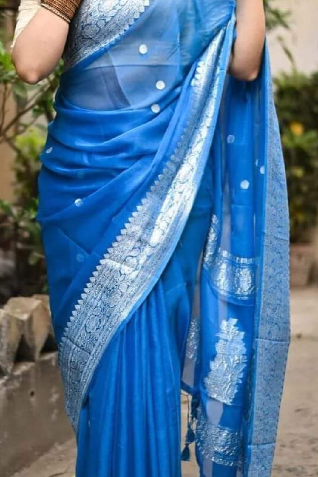 Dark Sky Blue Banarasi Khaddi Georgette Saree With Blouse