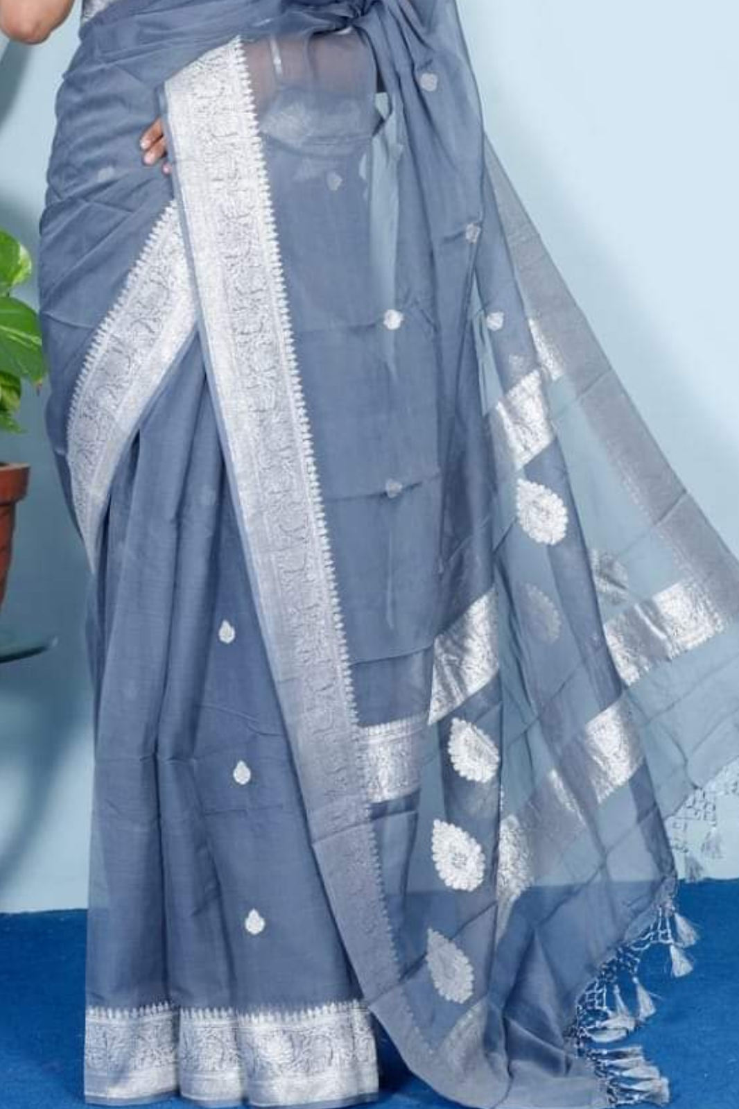 Steel Grey Banarasi Khaddi Georgette Saree with Intricate Silver Zari Work & Matching Blouse