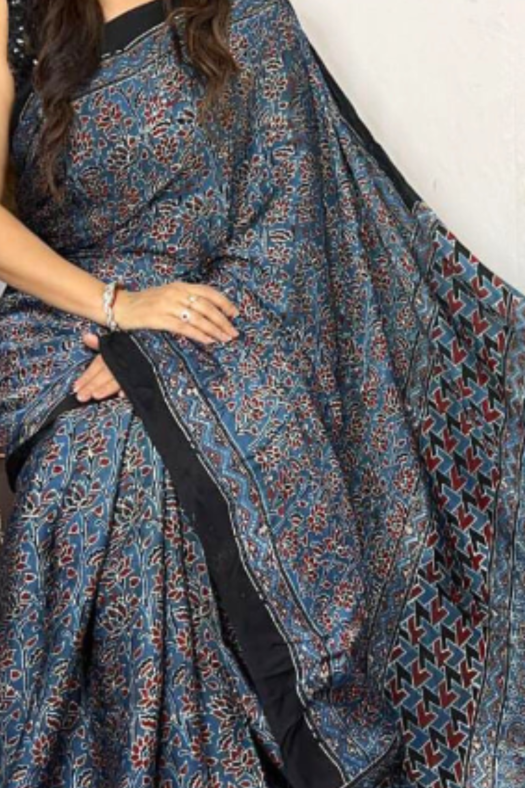 Handblock Printed Natural Dye Pure Modal Ajarakh Silk Saree Indigo Blue & Black