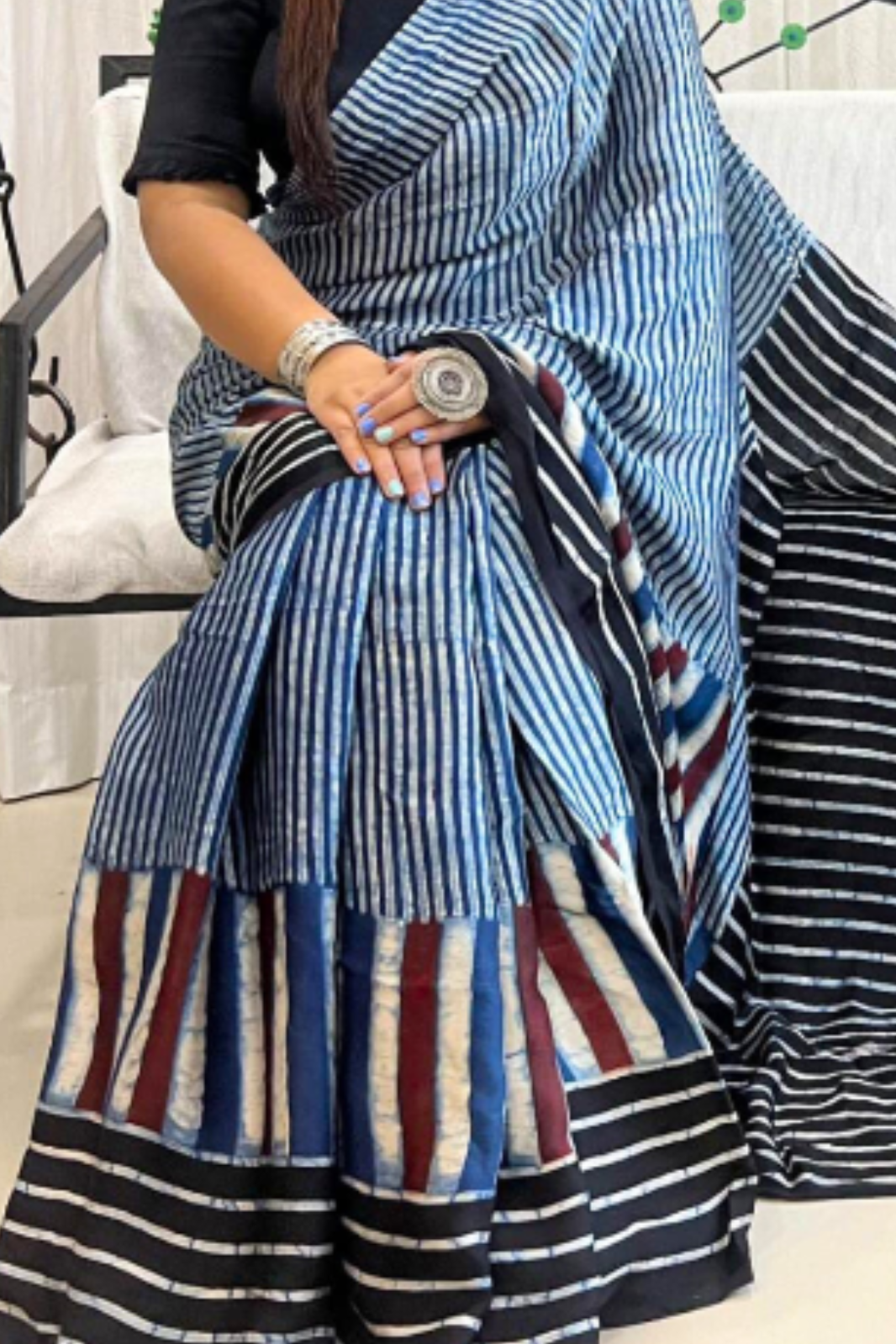 Handblock Printed Pure Modal Ajrakh Silk Saree with Natural Dyes