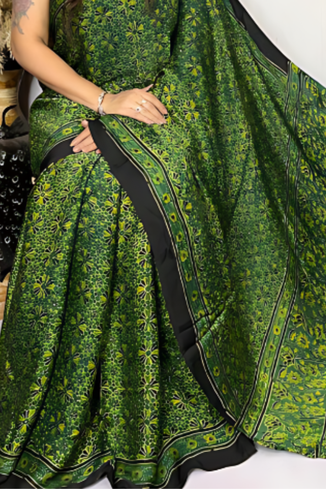 Elegant Green Ajrakh Handblock Printed Modal Silk Saree