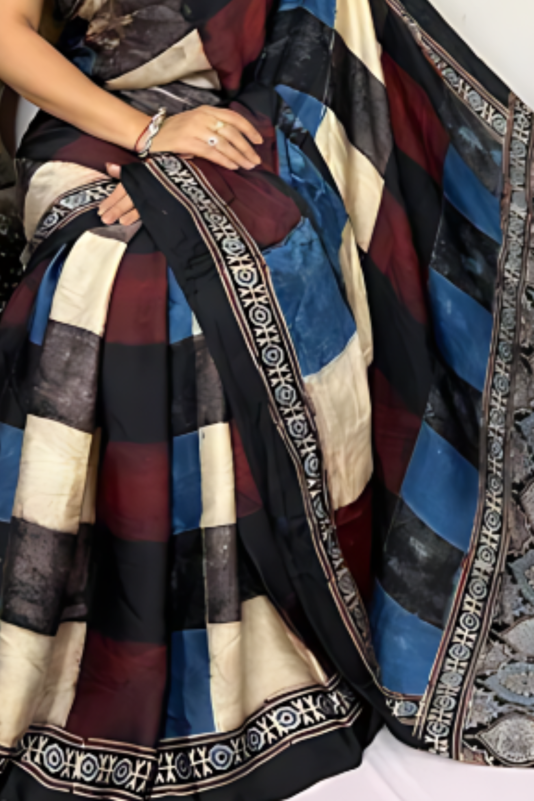 Multicolor Checkered Ajrakh Handblock Printed Pure Modal Silk Saree