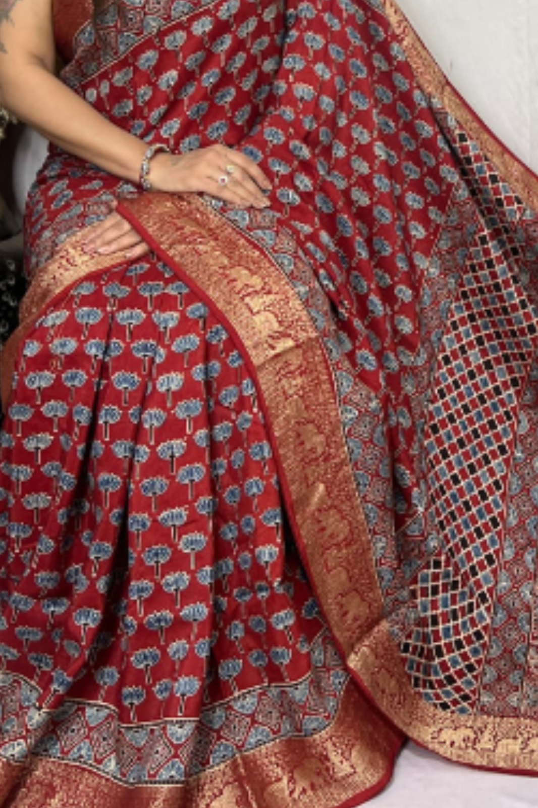 Maroon Handblock Printed Pure Modal Ajarakh Silk Saree with Natural Dyes