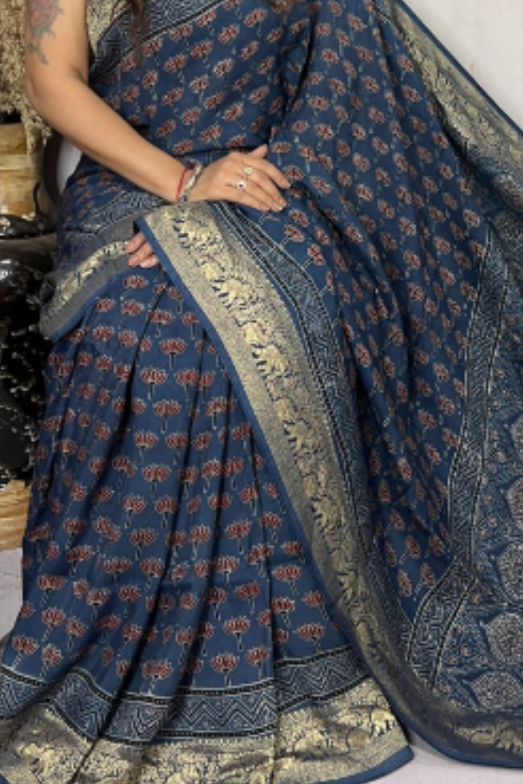 INK Blue Handblock Printed Pure Modal Ajarakh Silk Saree