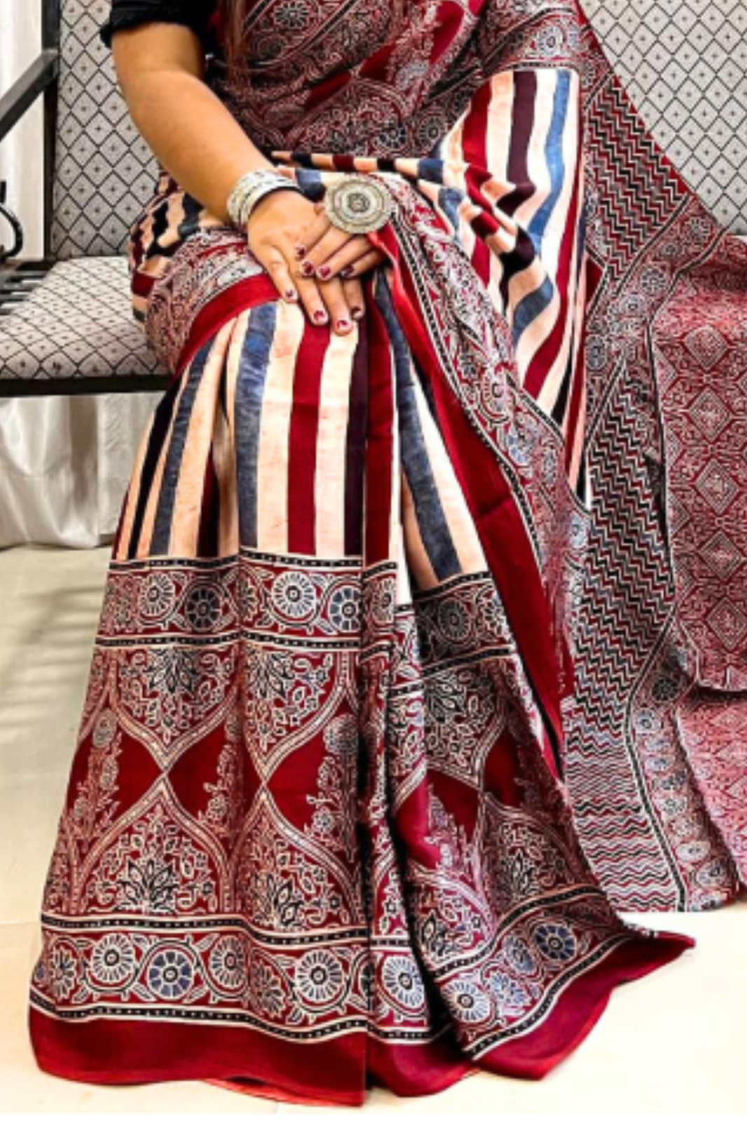 Handblock Printed Natural Dye Pure Modal Ajarakh Silk Saree Maroon & Multi Stripe