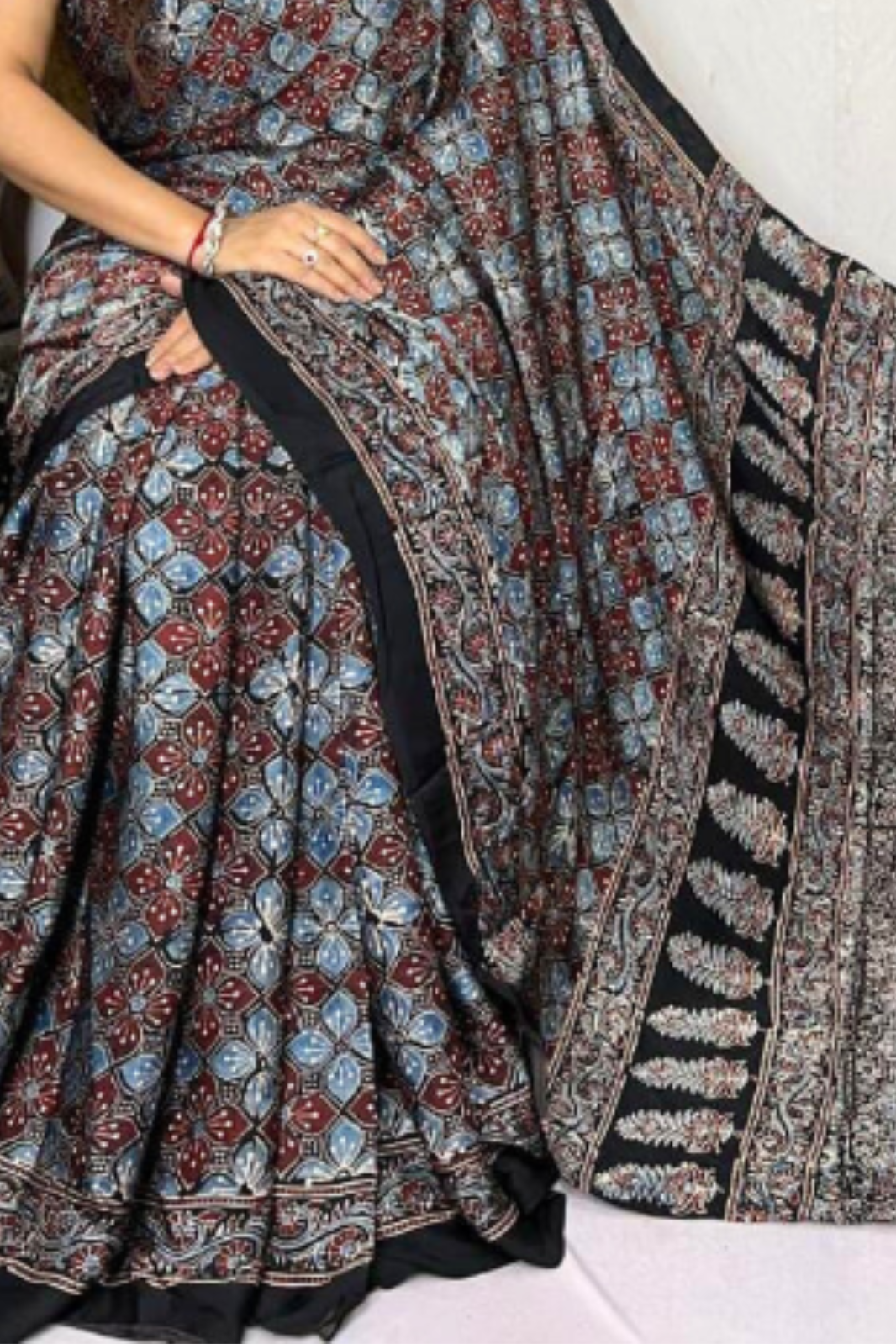 Handblock Printed Natural Dye Pure Modal Ajarakh Silk Saree Black with Red & Blue Geometric Floral Motifs