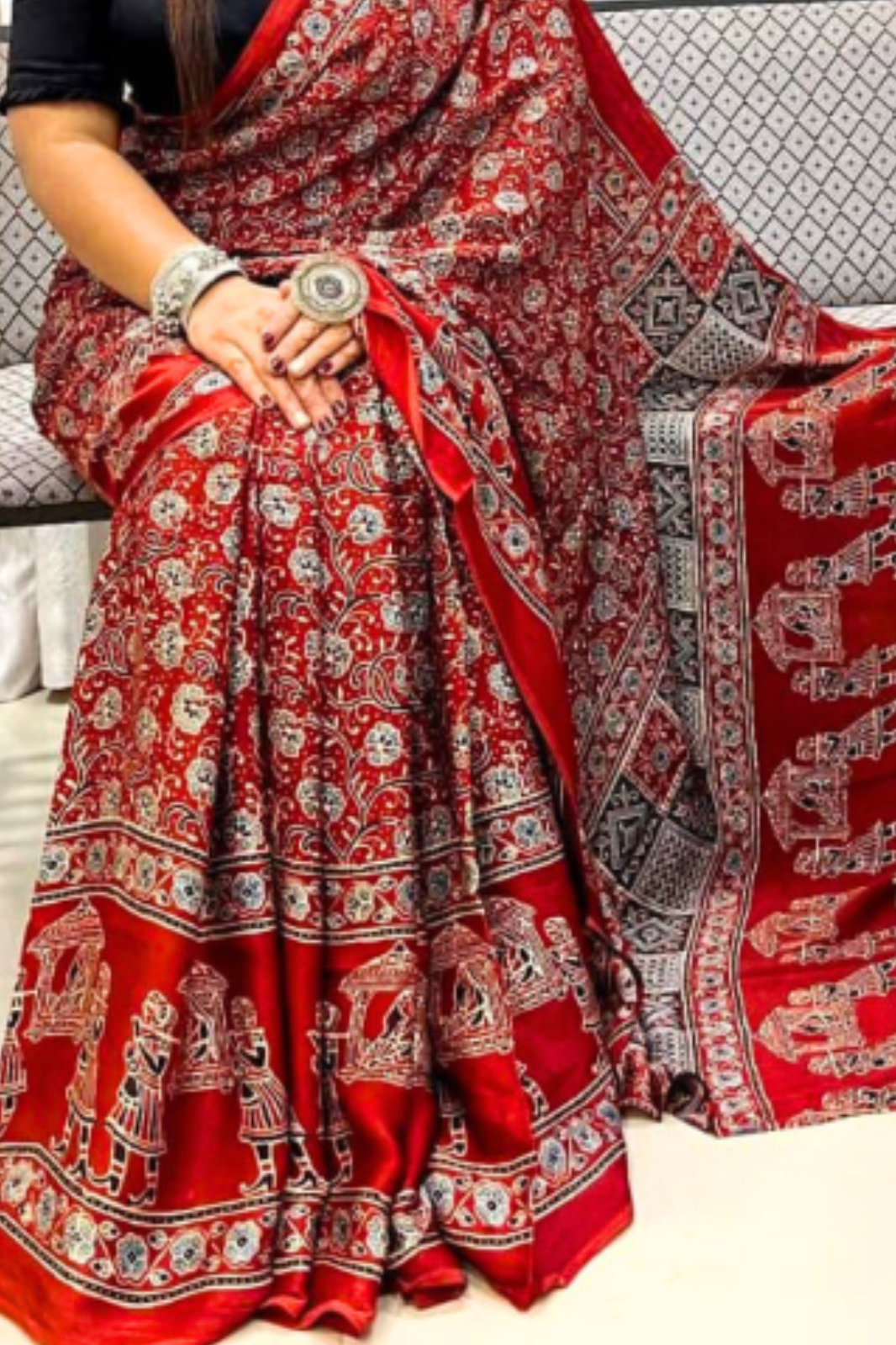 Handblock Printed Natural Dye Pure Modal Ajarakh Silk Saree Rich Red with Tribal Motifs